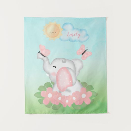 Niedlicher Baby Elephant mit rosa Blume Wandteppich (Vorderseite)