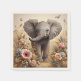 Niedlicher Baby Elephant und Blume Kinder Party Serviette