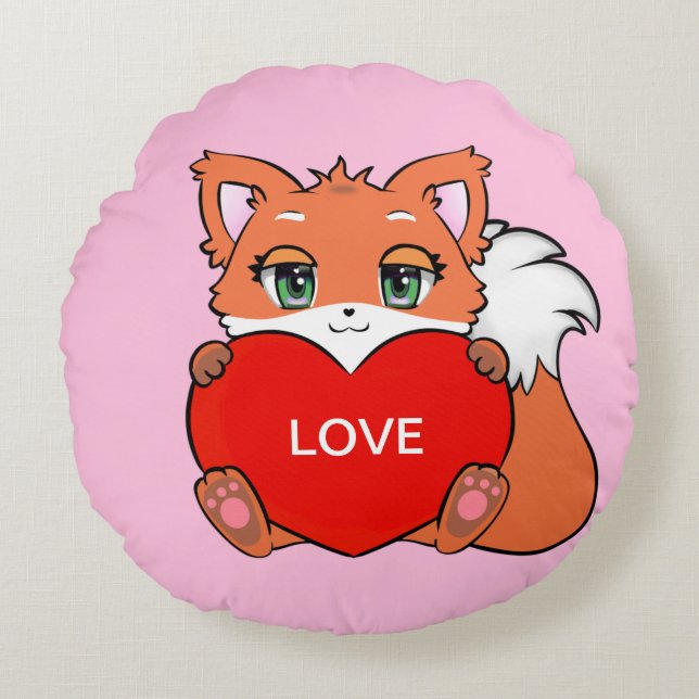 Niedlicher Baby Fox mit Herz auf Rosa Rundes Kissen (Vorderseite)