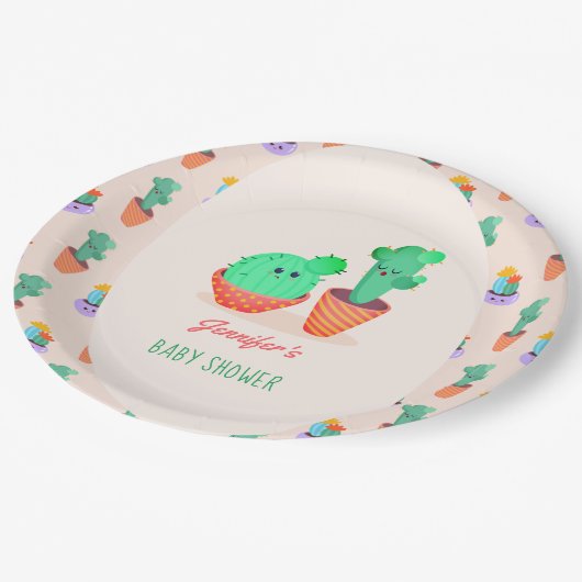 Niedlicher Baby-Kaktus und Mama-Kinderdusche Pappteller (Schrägansicht)