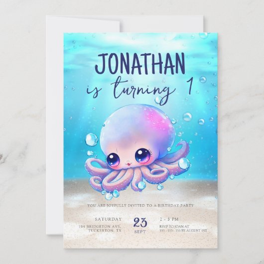Niedlicher Baby Octopus Wasserfarbe Kindergeburtst Einladung (Vorderseite)