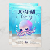 Niedlicher Baby Octopus Wasserfarbe Kindergeburtst Einladung (Vorne/Hinten)