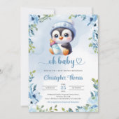 Niedlicher Baby Pinguin Aquarellblau Blütenschlang Einladung (Vorderseite)