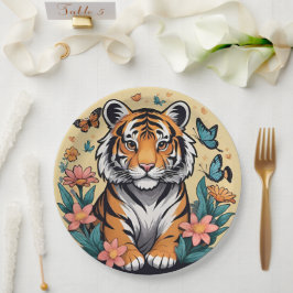Niedlicher Baby Tiger mit Blume und Schmetterlinge Pappteller