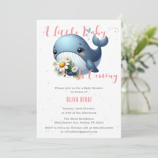 Niedlicher Baby Whale mit Daisy Baby Dusche Einlad Einladung (Stehend Vorderseite)
