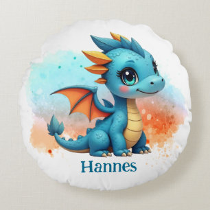 Niedlicher Babydrache blau orange - Kinderkissen Rundes Kissen