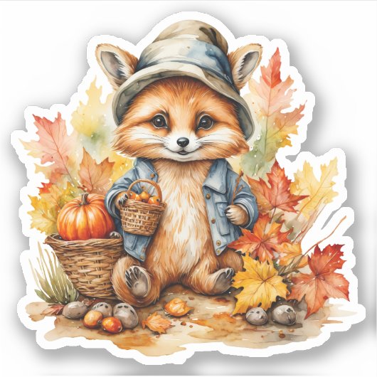 Niedlicher Babyfox mit Hut und Jacken Fall Aufkleber (Vorderseite)