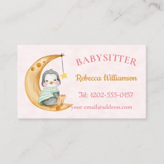 Niedlicher Babysitter Pinguin Moon Pink Visitenkarte (Vorderseite)