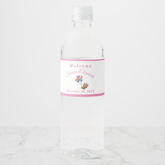 Niedlicher Bär & Balloons Girl Wasserflaschenetikett (Vorderseite)