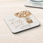 Niedlicher Bär, Beige Balloons, erster Geburtstag Getränkeuntersetzer (Linke Seite)