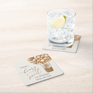 Niedlicher Bär, Beige Balloons, erster Geburtstag Rechteckiger Pappuntersetzer