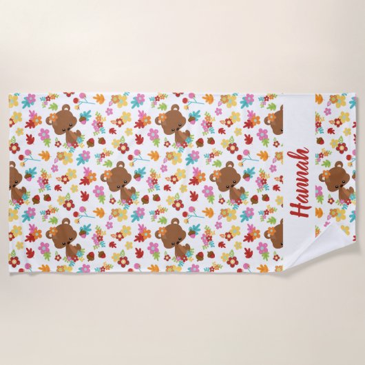 Niedlicher Bär & Blätter Kleine Girl Personalisier Strandtuch (Vorderseite)