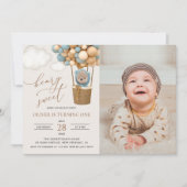 Niedlicher Bär, Blaue Balloons, erster Geburtstag Einladung (Vorderseite)