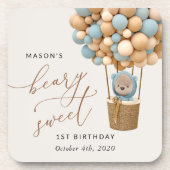 Niedlicher Bär, Blaue Balloons, erster Geburtstag Getränkeuntersetzer (Vorderseite)