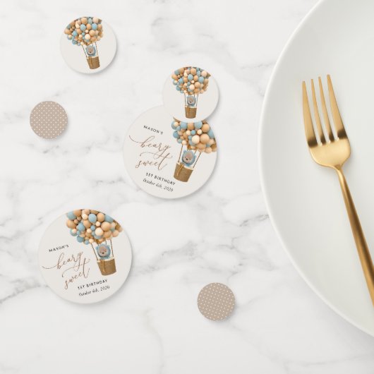 Niedlicher Bär, Blaue Balloons, erster Geburtstag Konfetti (Gruppe)