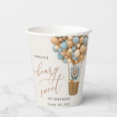 Niedlicher Bär, Blaue Balloons, erster Geburtstag Pappbecher (Rückseite)