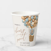 Niedlicher Bär, Blaue Balloons, erster Geburtstag Pappbecher (Vorderseite)