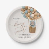 Niedlicher Bär, Blaue Balloons, erster Geburtstag Pappteller (Vorderseite)