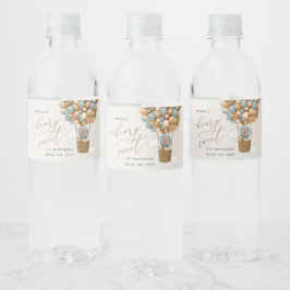 Niedlicher Bär, Blaue Balloons, erster Geburtstag Wasserflaschenetikett