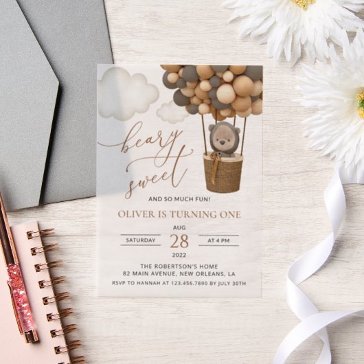 Niedlicher Bär, Braunbäume, erster Geburtstag Pergament Einladungen (Hochzeit)