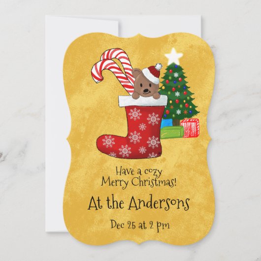 Niedlicher Bär Candy Cane zu Weihnachten Strumpf Einladung (Vorderseite)