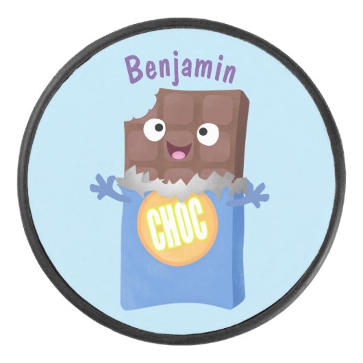 Niedlicher Bar-Cartoon-Charakter mit Schokoladenko Eishockey Puck (Vorderseite)