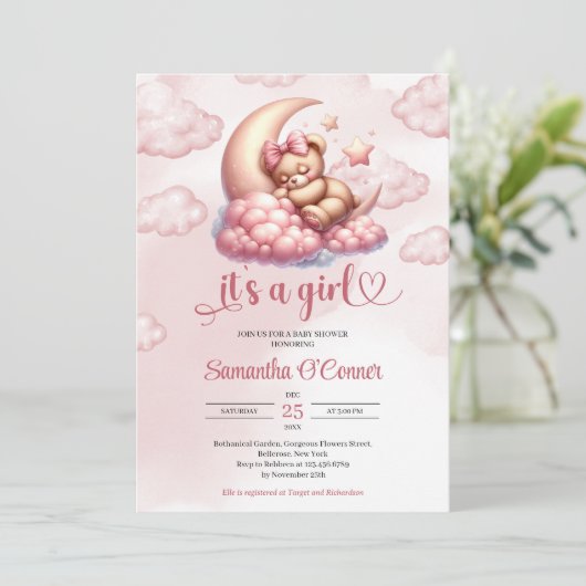 Niedlicher Bär, der über dem Mond schläft Baby Dus Einladung (Stehend Vorderseite)