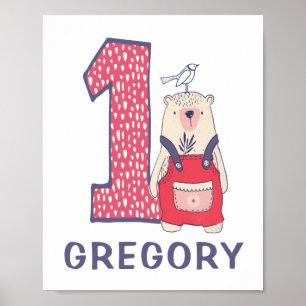 Niedlicher Bär, erster Geburtstag mit Namen Poster