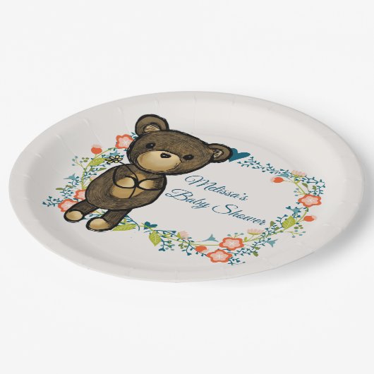 Niedlicher Bär, gelbe Blume und Blumenkranz Pappteller (Schrägansicht)