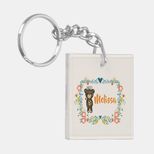 Niedlicher Bär, gelbe Blume und Blumenkranz Schlüsselanhänger (Vorderseite links)