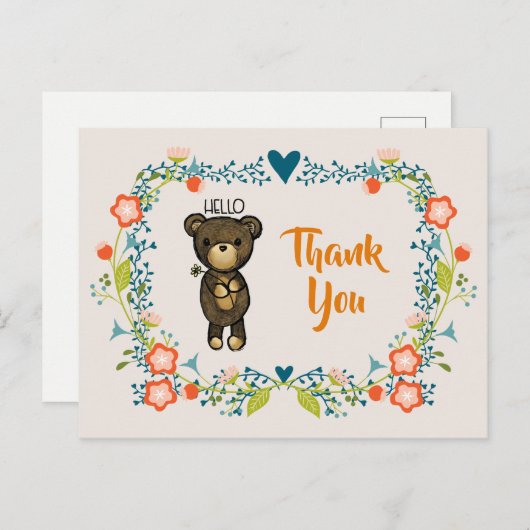 Niedlicher Bär, gelbe Blume und Blumenkranz Vielen Postkarte (Vorne/Hinten)