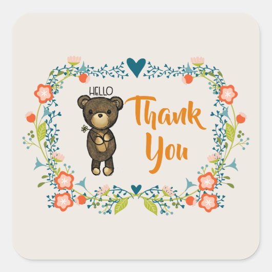 Niedlicher Bär, gelbe Blume und Blumenkranz Vielen Quadratischer Aufkleber (Vorderseite)