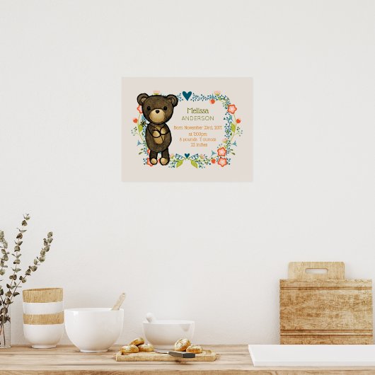 Niedlicher Bär, Gelbe Blume und Blumenkraut Baby Poster (Küche)