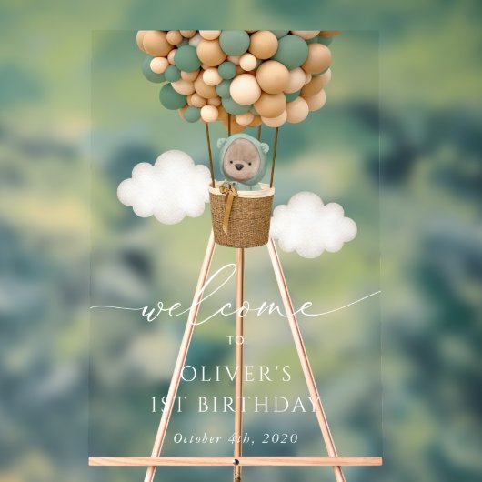 Niedlicher Bär, Grüne Balloons, Erster Geburtstag Acrylschild (Neutral)