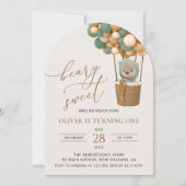 Niedlicher Bär, Grüne Balloons, erster Geburtstag Einladung (Vorderseite)