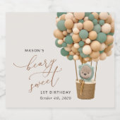 Niedlicher Bär, Grüne Balloons, erster Geburtstag Schaumweinetikett (Einzelnes Label)