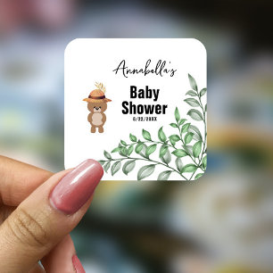Niedlicher Bär in der Wood Baby-Dusche Quadratischer Aufkleber