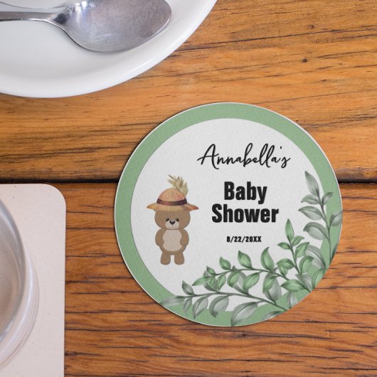 Niedlicher Bär in der Wood Baby-Dusche Runder Pappuntersetzer