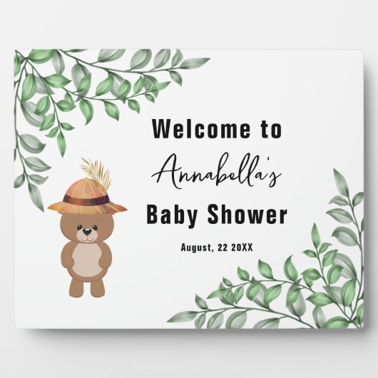 Niedlicher Bär in der Wood Welcome Baby Dusche Fotoplatte (Vorderseite)