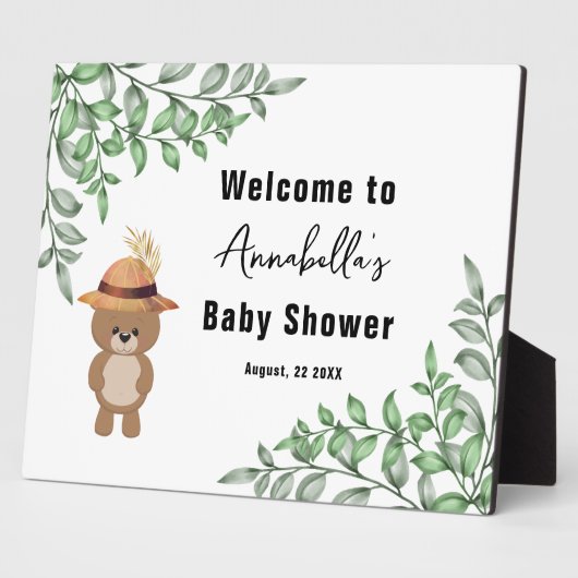 Niedlicher Bär in der Wood Welcome Baby Dusche Fotoplatte (Seite)