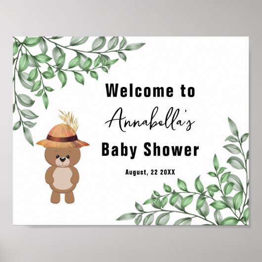 Niedlicher Bär in der Wood Welcome Baby Dusche Poster (Vorne)