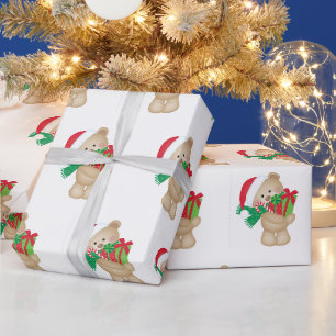 Niedlicher Bär in Roter Weihnachtsmannmütze Kinder Geschenkpapier