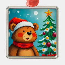 Niedlicher Bär in Weihnachtsmannmütze Neben geschm Ornament Aus Metall