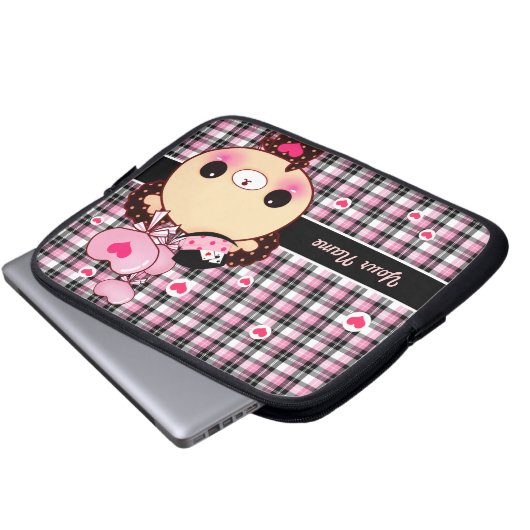 Niedlicher Bär mit Ballonen auf schwarzem und rosa Laptopschutzhülle (Vorne Knopf)