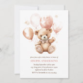 Niedlicher Bär mit Balloons | Baby Pink Einladung (Vorderseite)