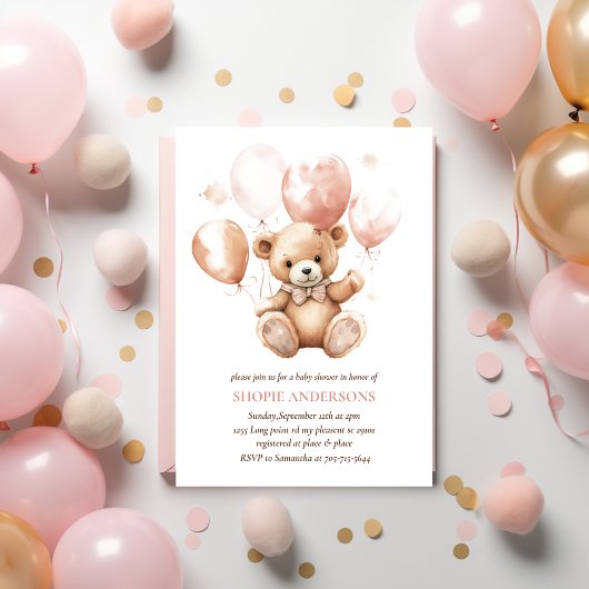 Niedlicher Bär mit Balloons | Baby Pink Einladung