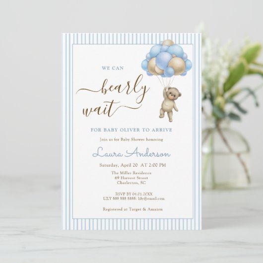 Niedlicher Bär mit Balloons Blue Boy Baby Dusche Einladung (Stehend Vorderseite)
