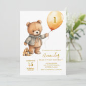Niedlicher Bär mit Balloons Junge zum ersten Gebur Einladung (Stehend Vorderseite)