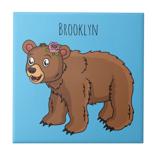 Niedlicher Bär mit Blume Cartoon Abbildung Fliese (Vorderseite)