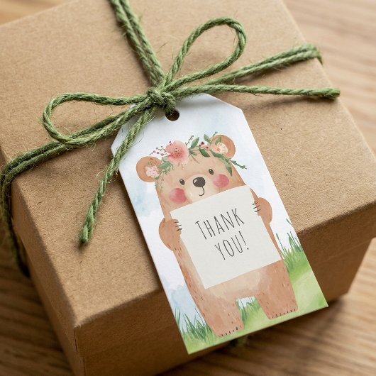 Niedlicher Bär mit Blumenkrone Danke Geschenkanhänger